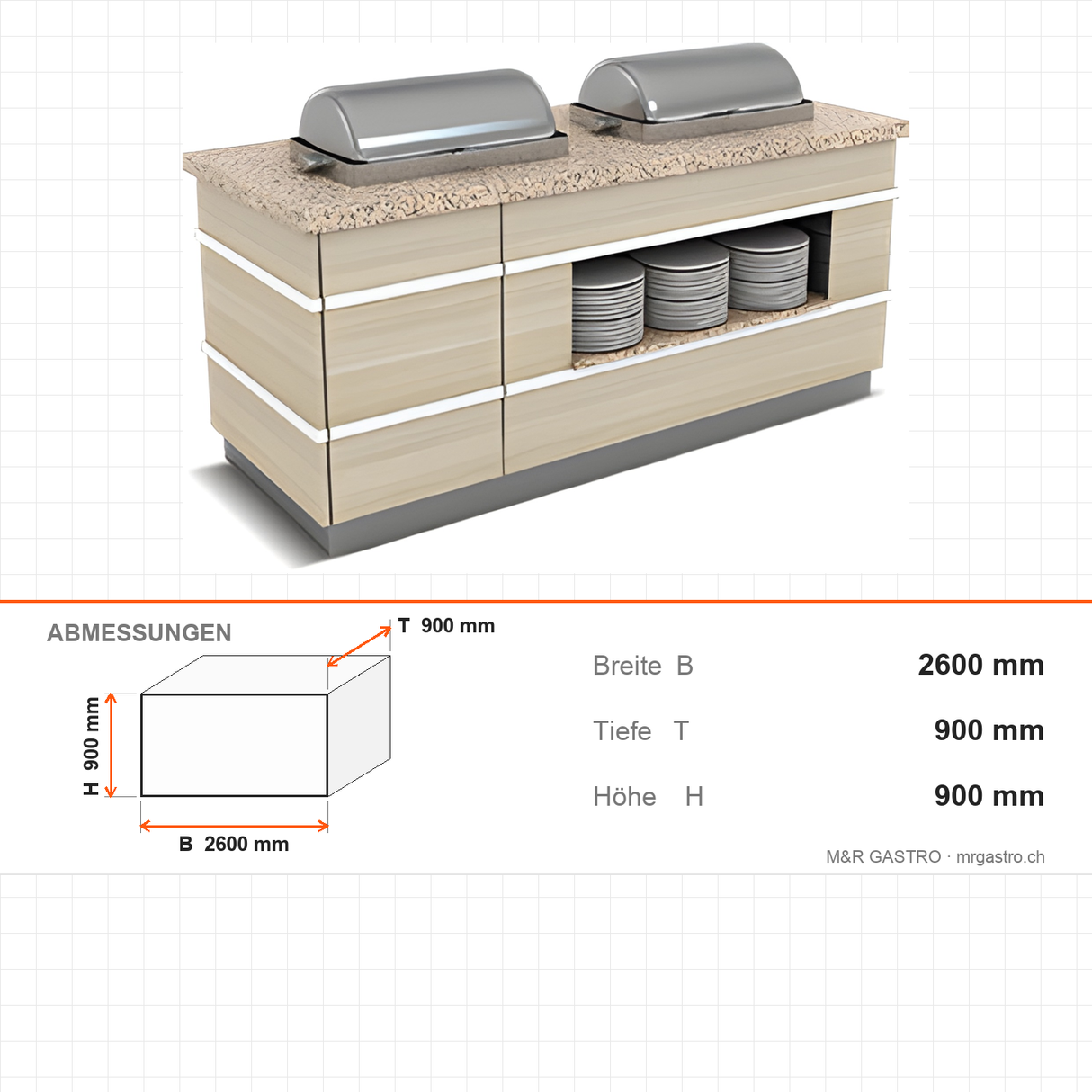 Buffettheke warm, 3x GN 1/1, Granittisch, Plattenablage, Design Galata, 2600×900×900 mm – Abmessungen