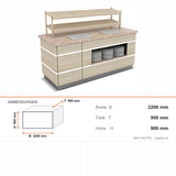 Buffettheke neutral, 2200×900×900 mm, Granit, Holzdekor, mit Plattenablage, Edelstahl, Design Galata – Abmessungen