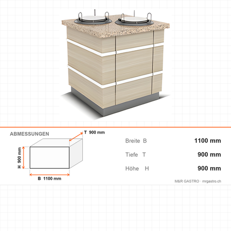 Buffettheke neutral, 1100×900×900 mm, Granit, Holzdekor, mit Plattenablage, Edelstahl, Design Galata – Abmessungen