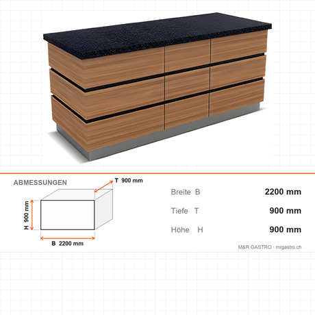 Buffettheke neutral, Granitplatte, Holzdekor, 2200×900×900 mm, Design Kapadokya – Abmessungen