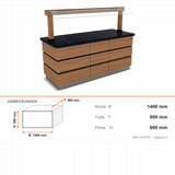 Buffettheke kalt, 1400×900×900 mm, Granit, Holzdekor, mit Spuckschutz, LED, Edelstahl, Design Kapadokya – Abmessungen