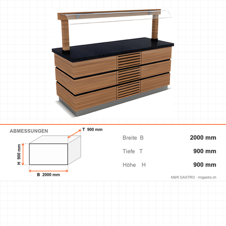 Buffettheke kalt, 2000×900×900 mm, Granit, Holzdekor, mit Spuckschutz, LED, Edelstahl, Design Kapadokya – Abmessungen