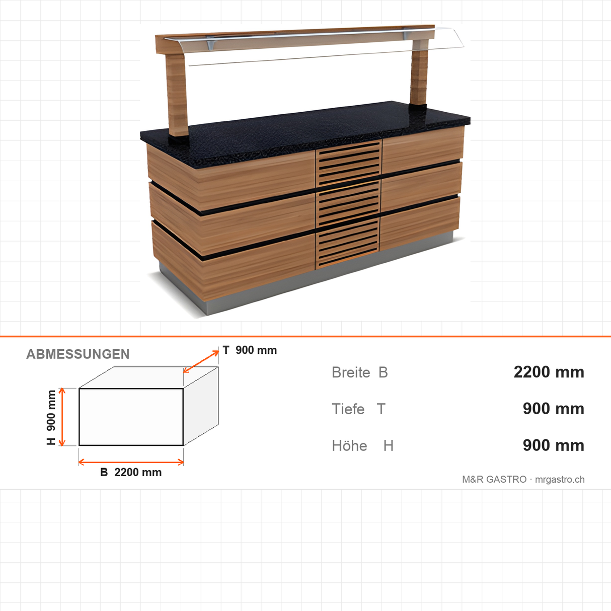 Buffettheke kalt, 2200×900×900 mm, Granit, Holzdekor, mit Spuckschutz, LED, Edelstahl, Design Kapadokya – Abmessungen