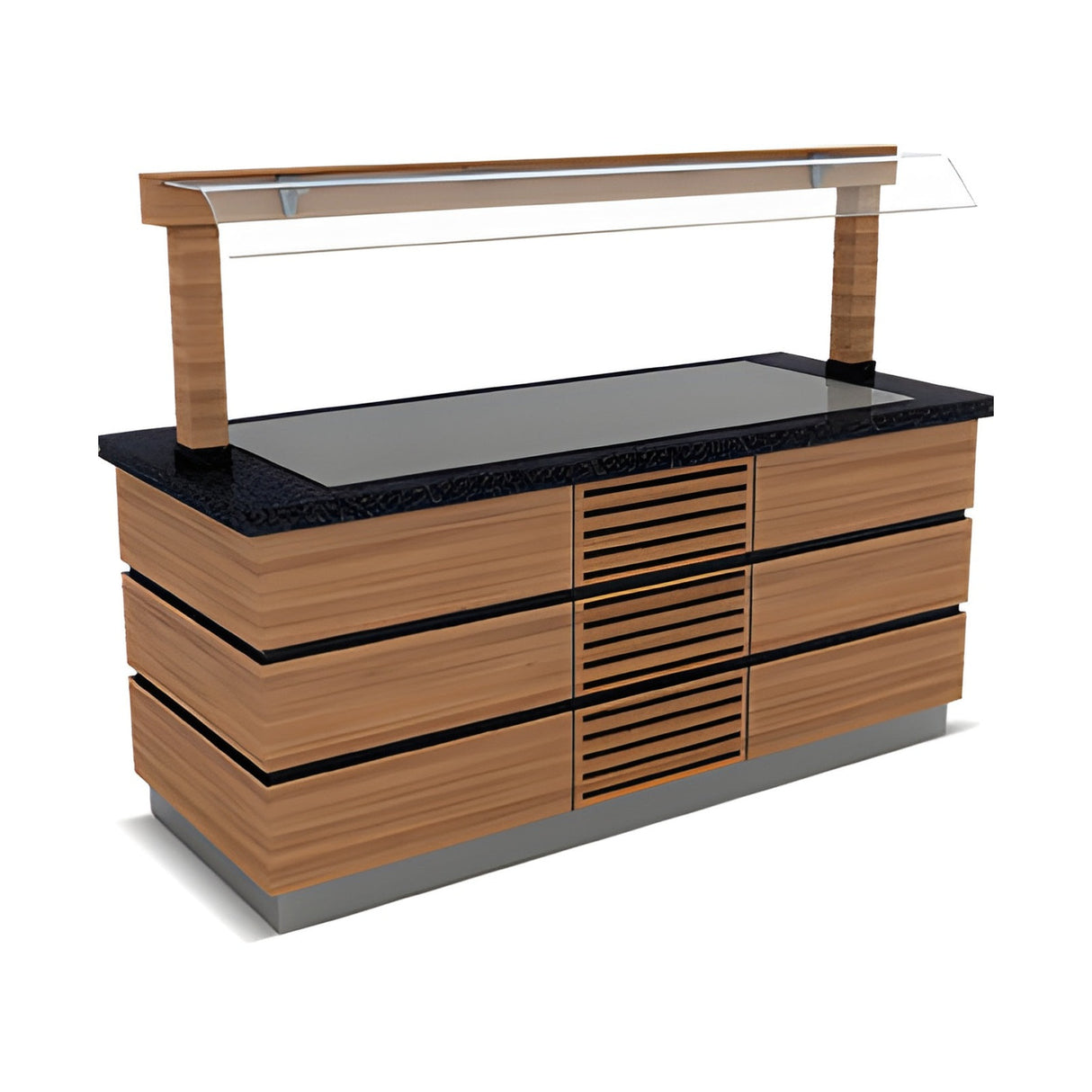 Buffettheke kalt, 2200×900×900 mm, Granit, Holzdekor, mit Spuckschutz, LED, Edelstahl, Design Kapadokya – Produktbild