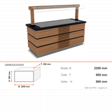 Buffettheke kalt, 2200×900×900 mm, Granit, Holzdekor, mit Spuckschutz, LED, Edelstahl, Design Kapadokya – Abmessungen