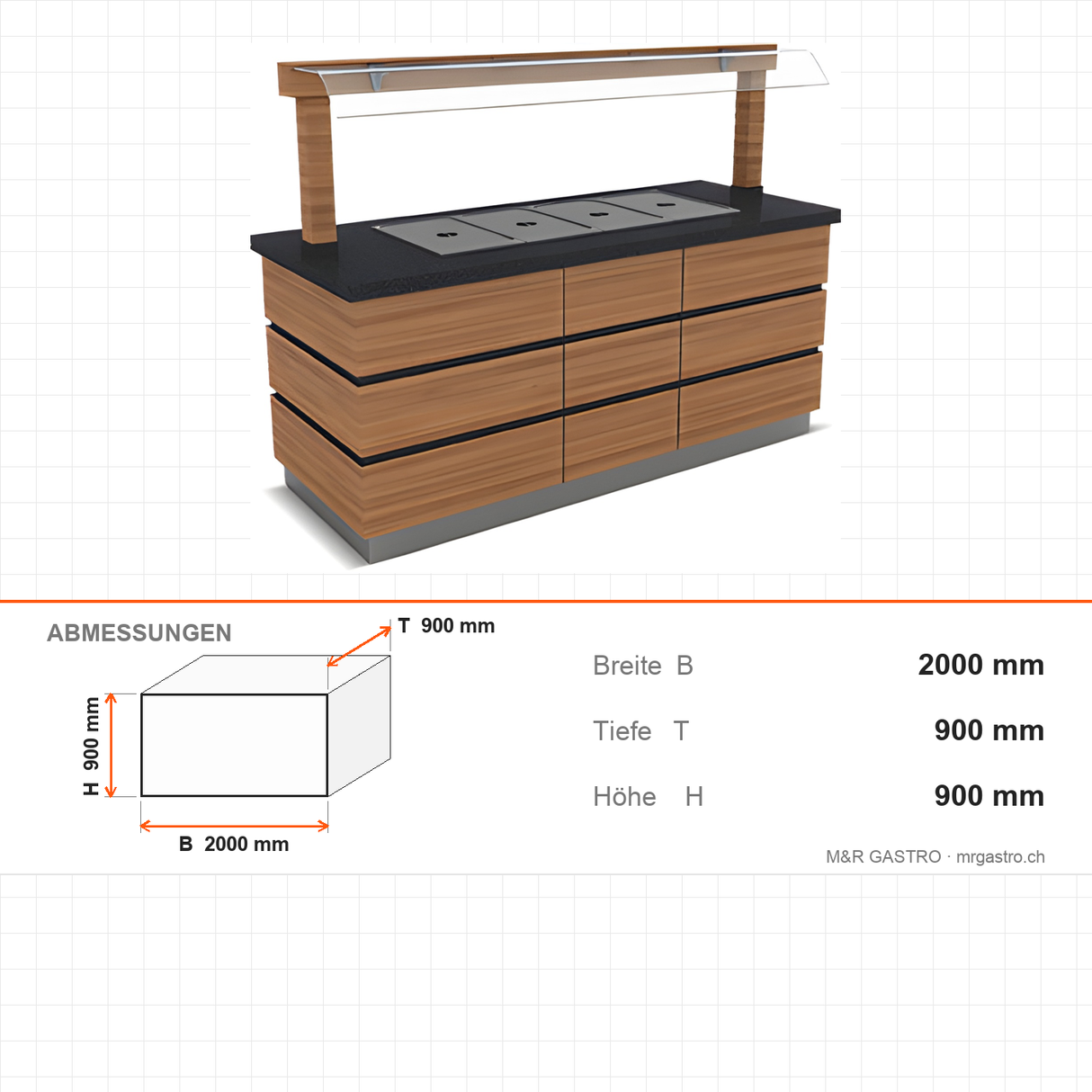 Buffettheke warm, 4x GN 1/1, Granittisch, Spuckschutz, LED, Design Kapadokya, 2000×900×900 mm – Abmessungen
