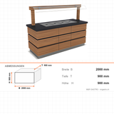 Buffettheke warm, 4x GN 1/1, Granittisch, Spuckschutz, LED, Design Kapadokya, 2000×900×900 mm – Abmessungen