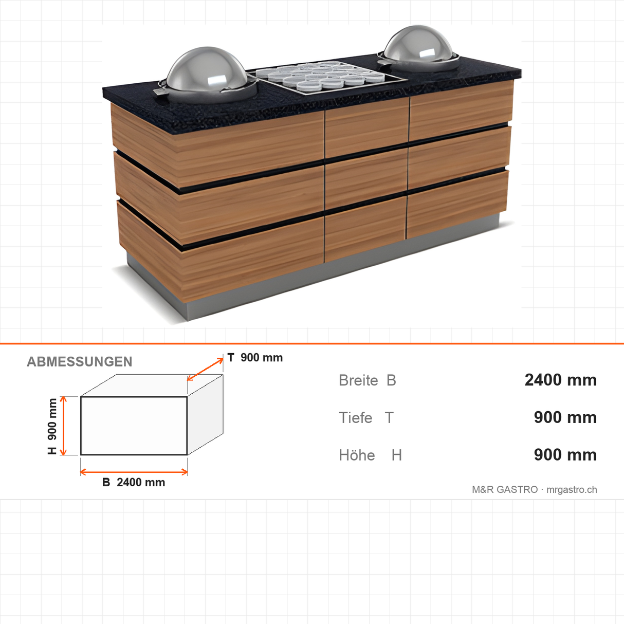 Suppentheke, 3 Suppenspender, Granitplatte, Holzdekor, 2400 mm, Design Kapadokya – Abmessungen