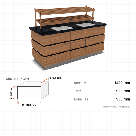 Buffettheke neutral, 1400×900×900 mm, Granit, Holzdekor, Edelstahl, Design Kapadokya – Abmessungen