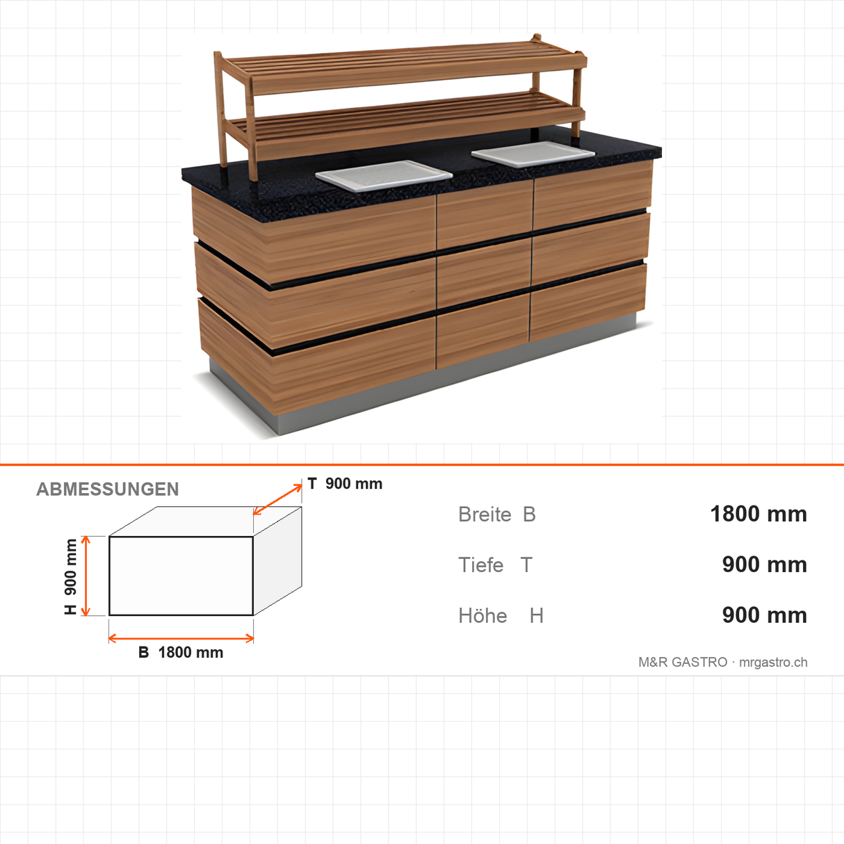 Buffettheke neutral, 1800×900×900 mm, Granit, Holzdekor, Edelstahl, Design Kapadokya – Abmessungen
