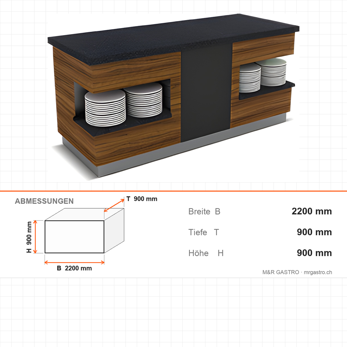 Buffettheke neutral, Granitplatte, Holzdekor, 2200×900×900 mm, Design Sumela – Abmessungen