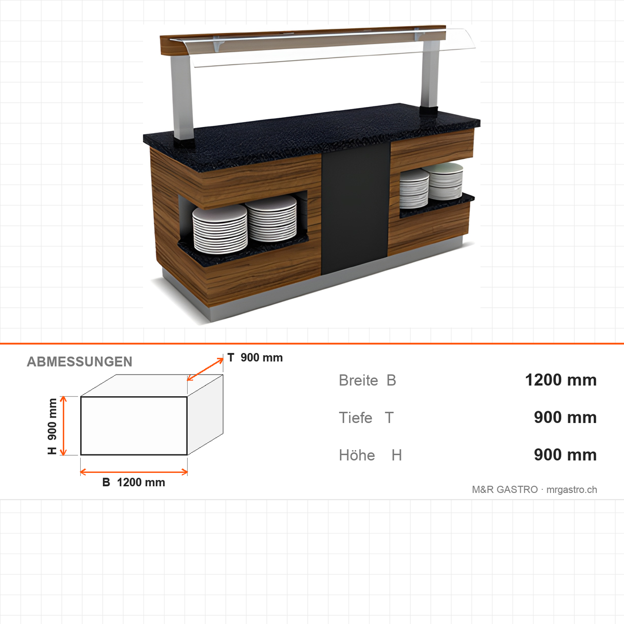Buffettheke neutral, Granitplatte, Holzdekor, Spritzschutz, LED, 1200×900×900 mm, Design Sumela – Abmessungen