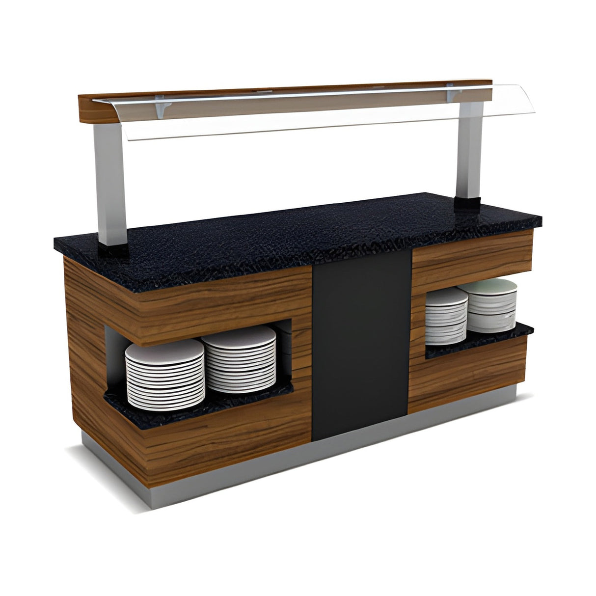 Buffettheke neutral, Granitplatte, Holzdekor, Niesschutz, LED, 2200×900×900 mm, Design Sumela – Produktbild