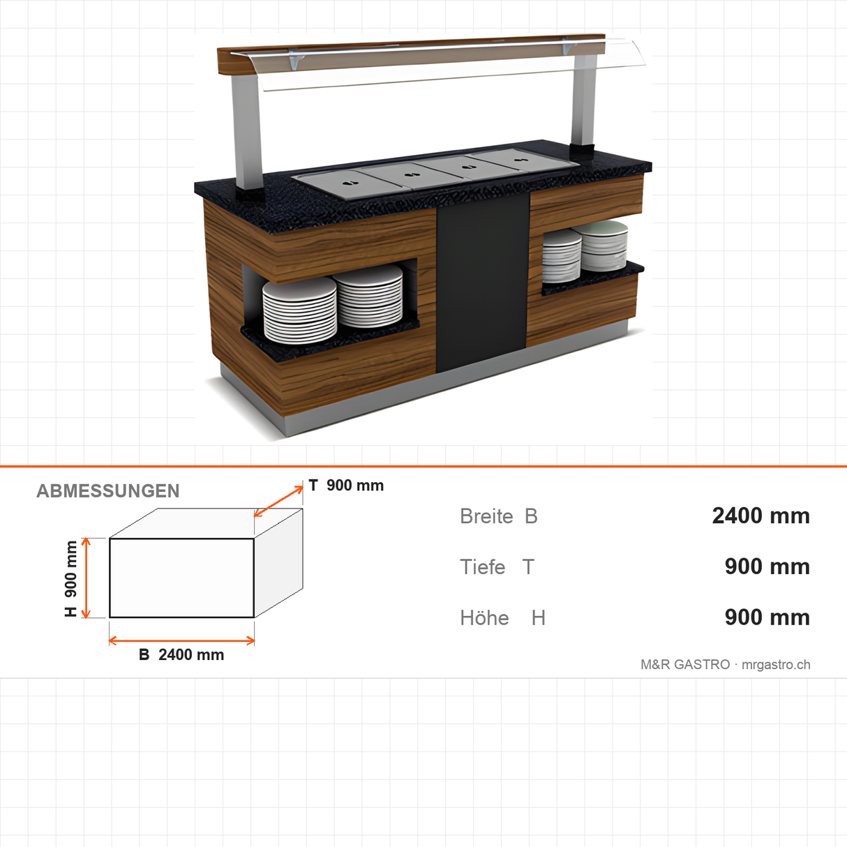Buffettheke neutral, Granitplatte, 5x GN 1/1, Spuckschutz, LED-Beleuchtung, Holzdekor, 2400×900×900 mm – Abmessungen
