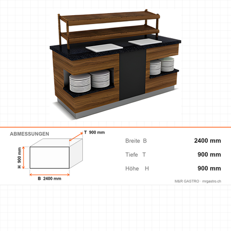 Buffettheke neutral, 2400×900×900 mm, Granit, Holzdekor, mit Plattenablage, Edelstahl, Design Sumela – Abmessungen