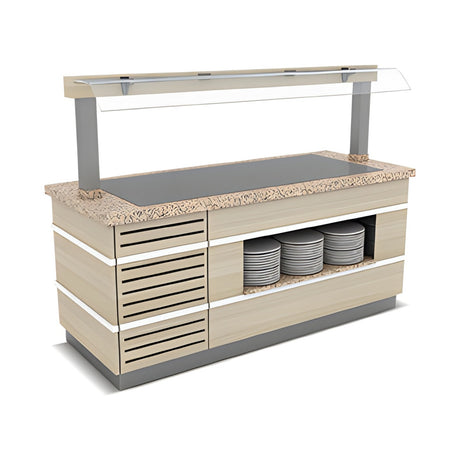 Buffettheke neutral, Granitplatte, Spuckschutz, LED-Beleuchtung, Holzdekor, 1000×900×900 mm – Produktbild