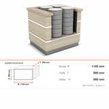 Buffettheke neutral, 1100×900×900 mm, Granit, Holzdekor, mit Plattenablage, Edelstahl, Design Galata – Abmessungen