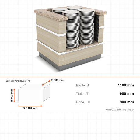 Buffettheke neutral, 1100×900×900 mm, Granit, Holzdekor, mit Plattenablage, Edelstahl, Design Galata – Abmessungen
