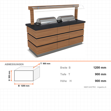 Warmhaltetheke Chafing-Dish, 1x GN 1/1, Granitplatte, Holzdekor, LED, Spritzschutz, 1200 mm, Design Kapadokya – Abmessungen
