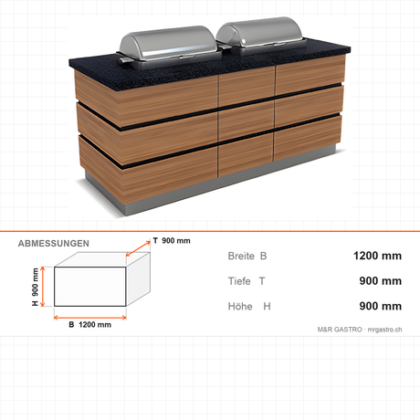 Buffettheke warm, 1x GN 1/1, Granittisch, Holzdekor, Design Kapadokya, 1200×900×900 mm – Abmessungen