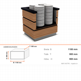 Buffettheke neutral, 1100×900×900 mm, Granit, Holzdekor, mit Plattenablage, Edelstahl, Design Kapadokya – Abmessungen