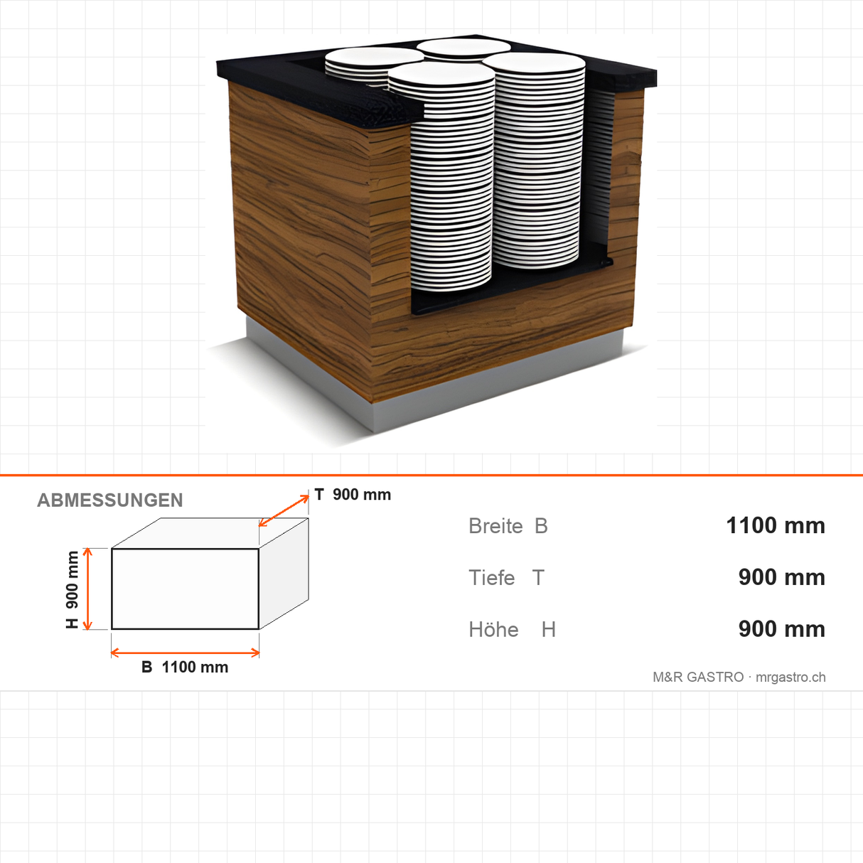 Buffettheke neutral, 1100×900×900 mm, Granit, Holzdekor, Edelstahl, Design Sumela – Abmessungen