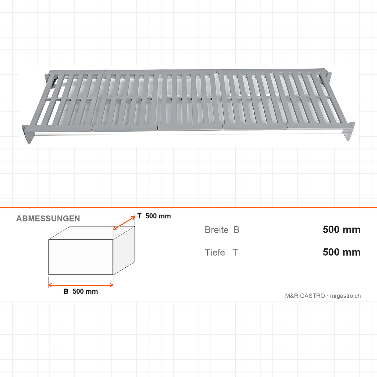 Lochboden Kunststoff perforiert, Polypropylen, hygienisch, abnehmbar und waschbar, Aluminiumfüße, 970 × 500 mm – Abmessungen