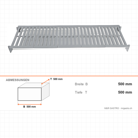 Lochboden Kunststoff perforiert, Polypropylen, hygienisch, abnehmbar und waschbar, Aluminiumfüße, 1570 × 500 mm, 250 kg Tragkraft je Boden – Abmessungen