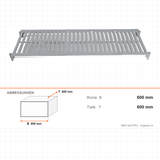 Lochboden Kunststoff perforiert, Polypropylen, hygienisch, abnehmbar und waschbar, Aluminiumfüße, 970 × 600 mm – Abmessungen