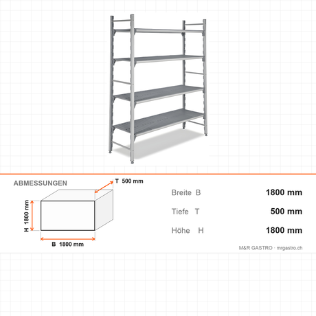 Polypropylen-Regal, Aluminiumfüße, herausnehmbare waschbare Böden, 3105×500×1800 mm – Abmessungen