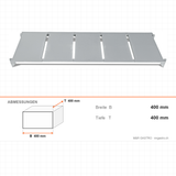 Regalboden glatt, Polypropylen, 1270×400 mm, abnehmbar, Aluminiumfüße, 250 kg – Abmessungen