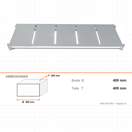 Kunststoffregal Polypropylen, 1570×400 mm, Polypropylen-Böden abnehmbar, Aluminiumfüße, hygienisch – Abmessungen