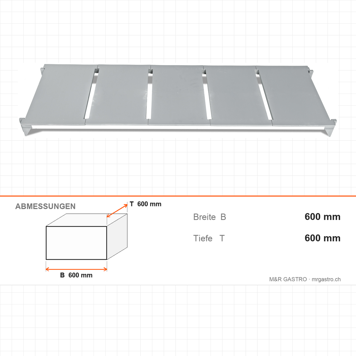 Regalboden glatt, Polypropylen, abnehmbar, 970×600 mm, Aluminiumfüße, 250 kg – Abmessungen