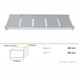Regalboden glatt, Polypropylen, abnehmbar, 970×600 mm, Aluminiumfüße, 250 kg – Abmessungen