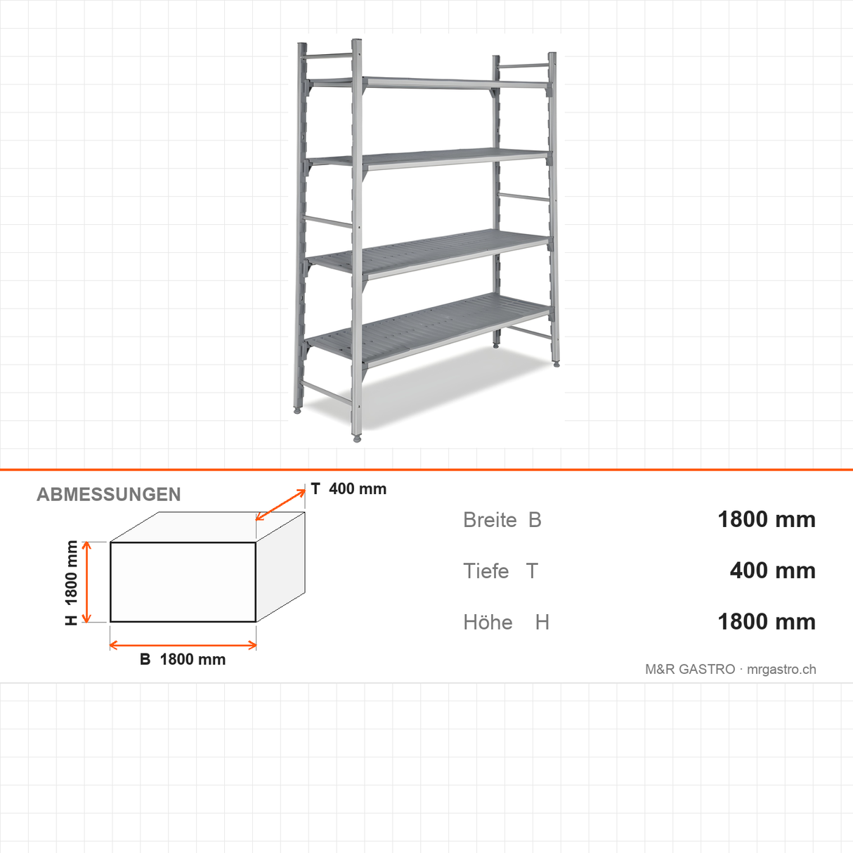 Kunststoffregal Polypropylen, 2205×400×1800 mm, Polypropylen-Böden abnehmbar, Aluminiumfüße, hygienisch – Abmessungen
