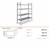 Polypropylen-Regal, Aluminiumfüße, herausnehmbare waschbare Böden, 2205×600×1800 mm – Abmessungen