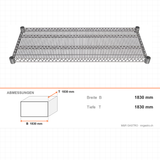 Edelstahlregal AISI 304, 610×1830 mm, Drahtböden, 250 kg pro Boden – Abmessungen