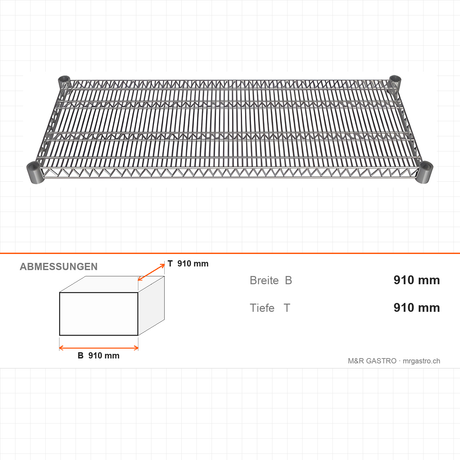 Regalboden grillagé, Drahtboden, 530×910 mm, Tragkraft 250 kg, Edelstahl 201 – Abmessungen
