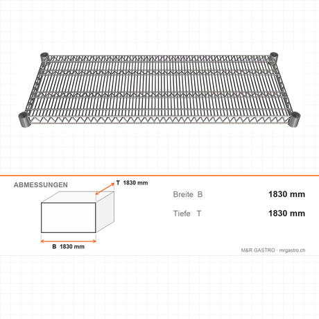 Edelstahlregal AISI 201, 610×1830 mm, Drahtböden, 250 kg pro Boden – Abmessungen
