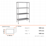 Edelstahlregal AISI 304, 360×1070×1800 mm, 4 Ablagen, Drahtböden, 250 kg pro Boden – Abmessungen