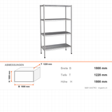 Edelstahlregal, 360×1220×1800 mm, 4 Drahtböden, 250 kg pro Ebene, Edelstahl 304 – Abmessungen