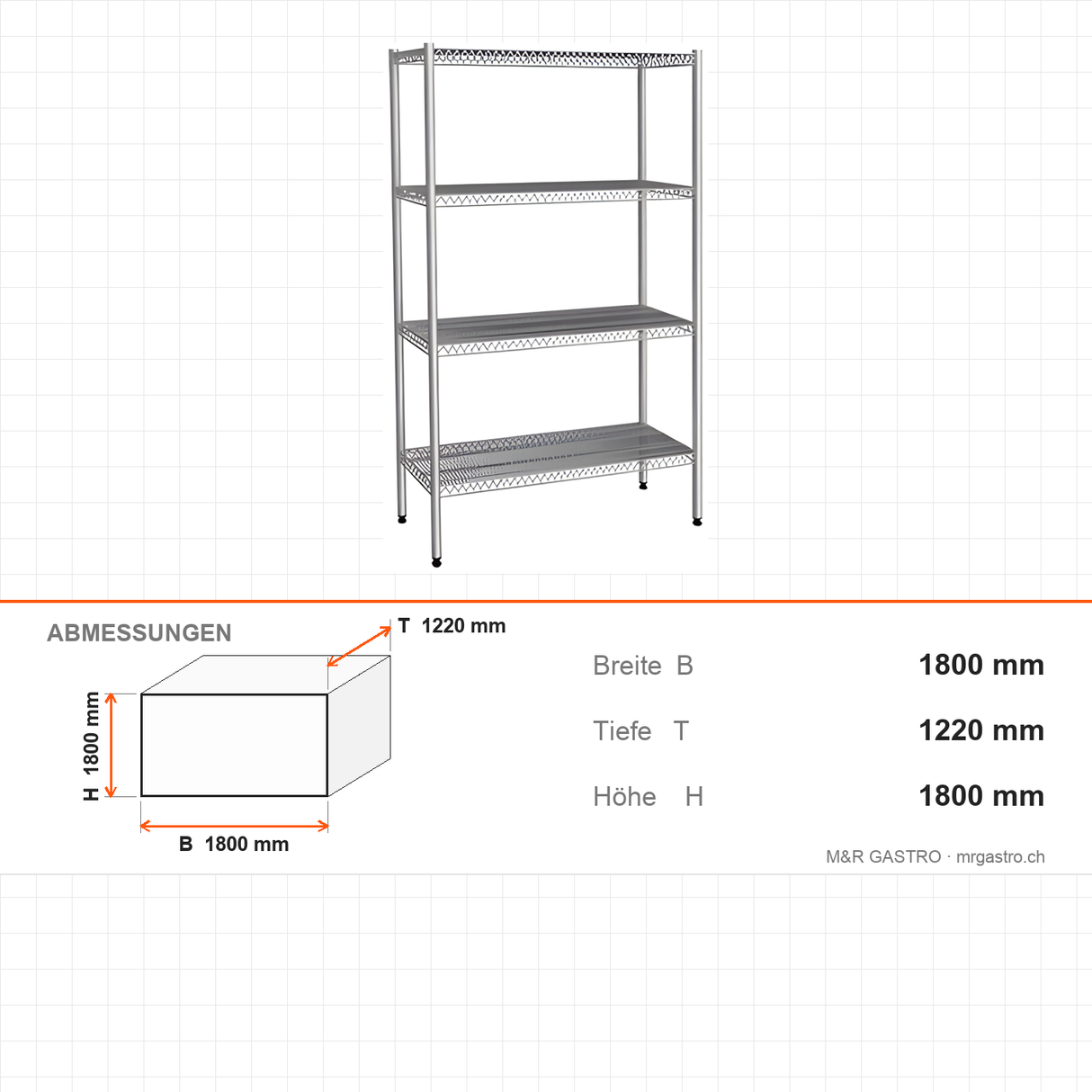 Edelstahlregal, 530×1220×1800 mm, 4 Drahtböden, 250 kg pro Ebene, Edelstahl 304 – Abmessungen