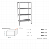 Edelstahlregal, 610×1370×1800 mm, 4 Drahtböden, 250 kg pro Ebene, Edelstahl 304 – Abmessungen