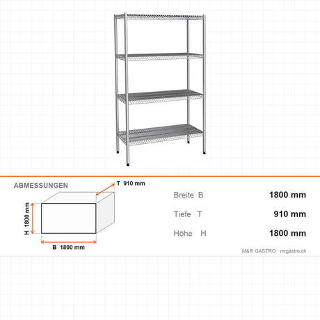Edelstahlregal AISI 201, 530×910×1800 mm, 4 Ablagen, Drahtböden, 250 kg pro Boden – Abmessungen