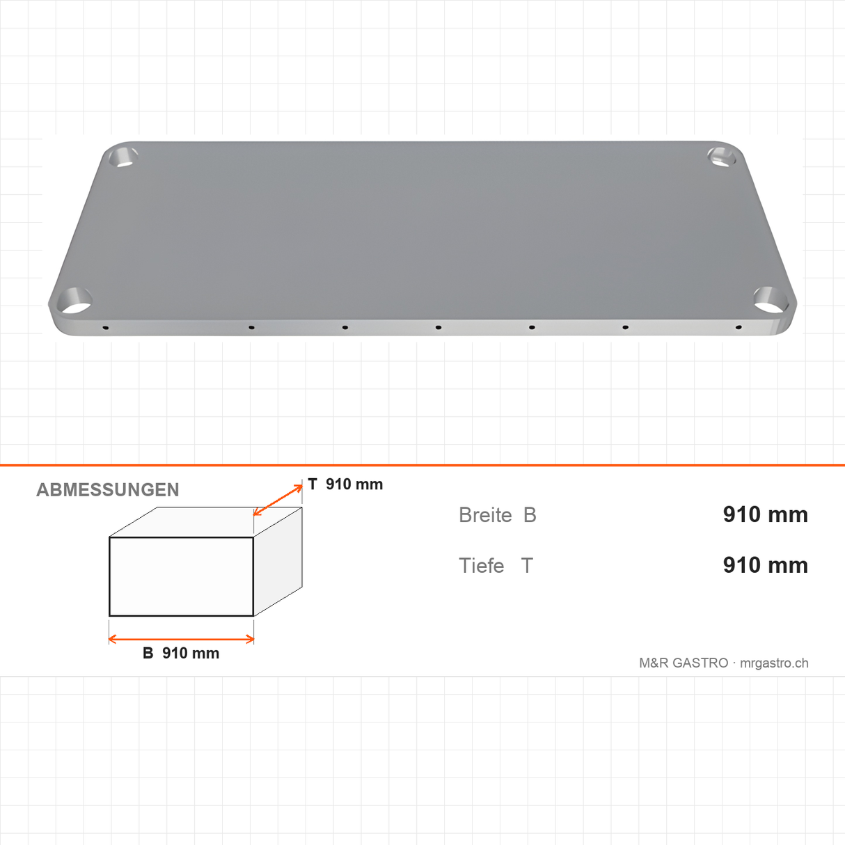Regalboden glatt, 360×910 mm, Tragkraft 250 kg, Edelstahl 201 – Abmessungen