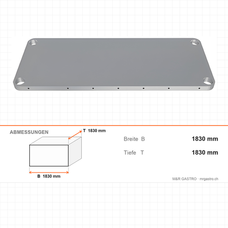 Edelstahlregal, 610×1830 mm, glatte Böden, 250 kg pro Boden, Edelstahl 304 – Abmessungen