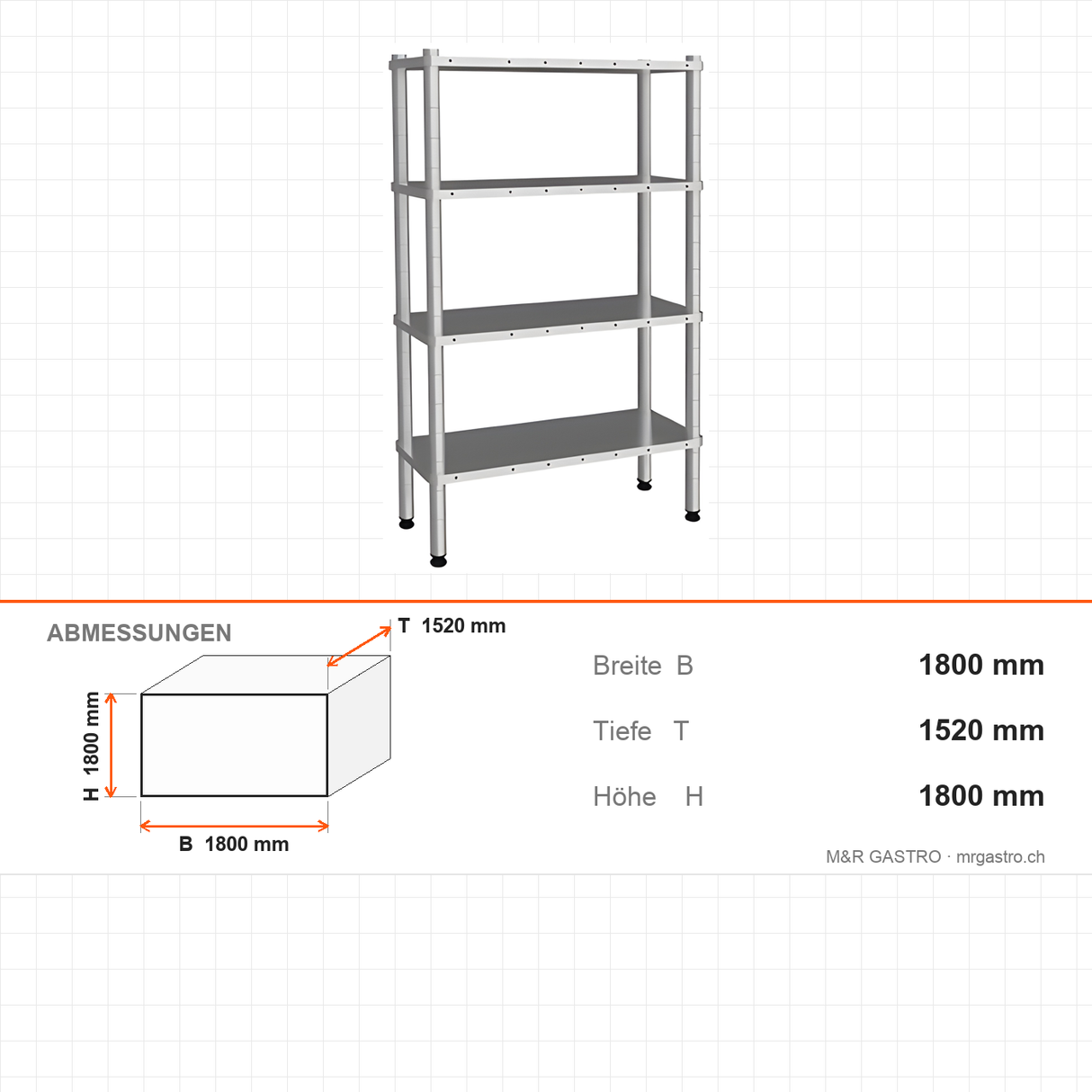 Edelstahlregal, 460×1520×1800 mm, 4 glatte Böden, 250 kg pro Boden, Edelstahl 201 – Abmessungen