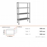 Edelstahlregal, 4 Ablagen, Vollböden, 530×1070×1800 mm, Edelstahl 201, 250 kg/Ablage – Abmessungen