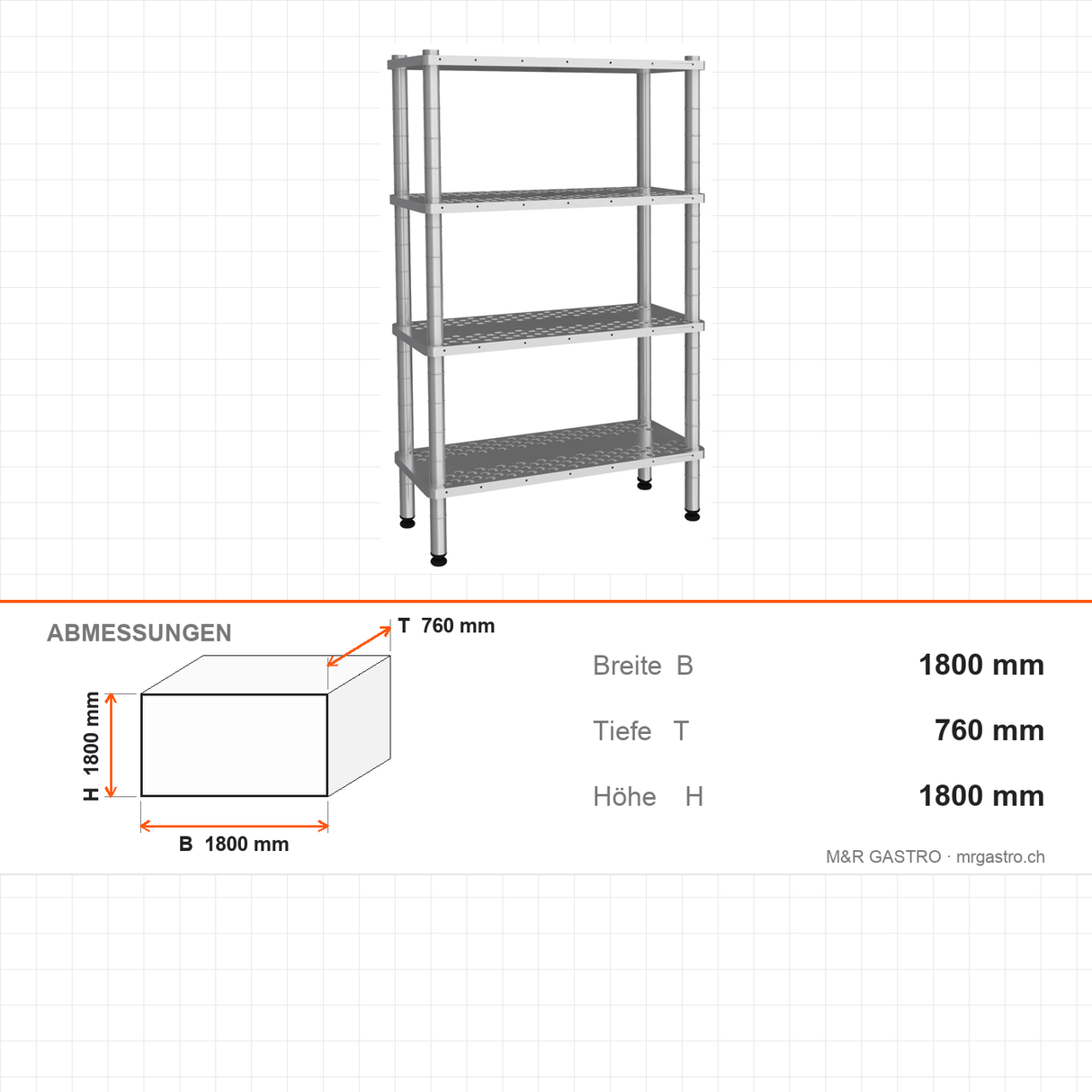 Edelstahlregal, 4 Ablagen, perforierte Böden, 360×760×1800 mm, Edelstahl 304, 250 kg/Ablage – Abmessungen