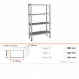 Edelstahlregal AISI 304, 460×1220×1800 mm, 4 Ablagen, Lochböden, 250 kg pro Boden – Abmessungen